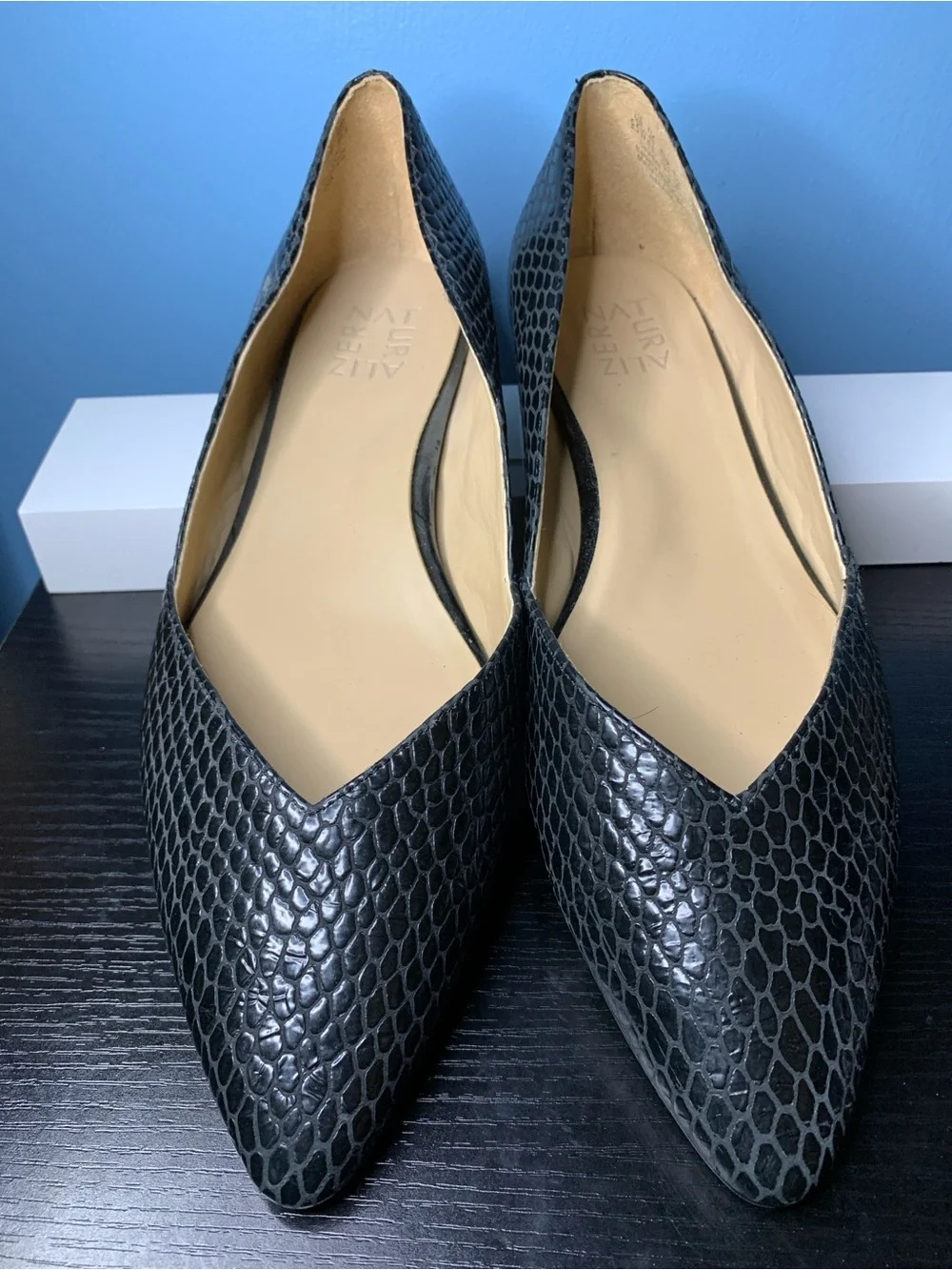 Naturalizer Black Snake-Embossed Pointed Toe Flats